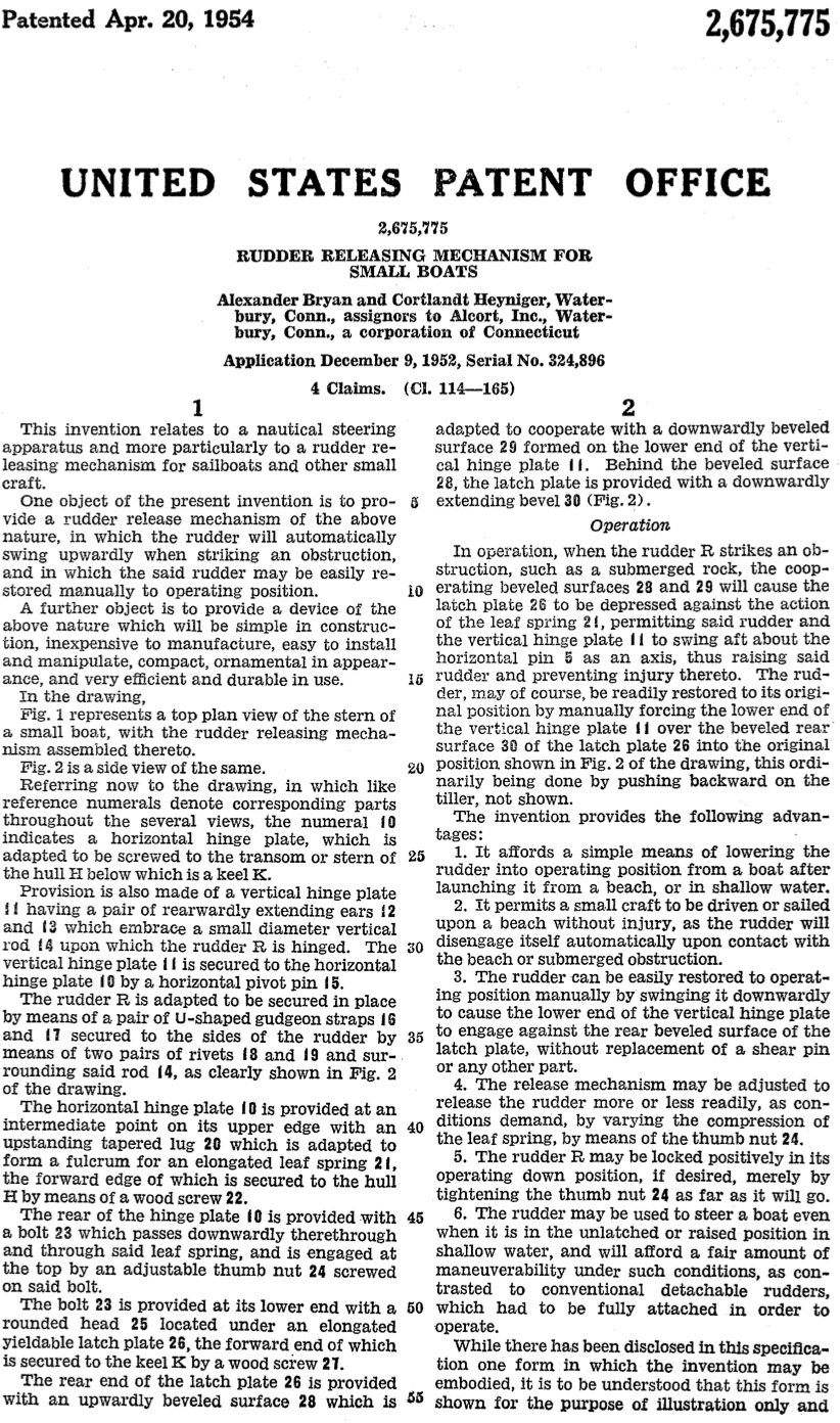 Alcort Rudder Releasing Mechanism Patent page 2.png